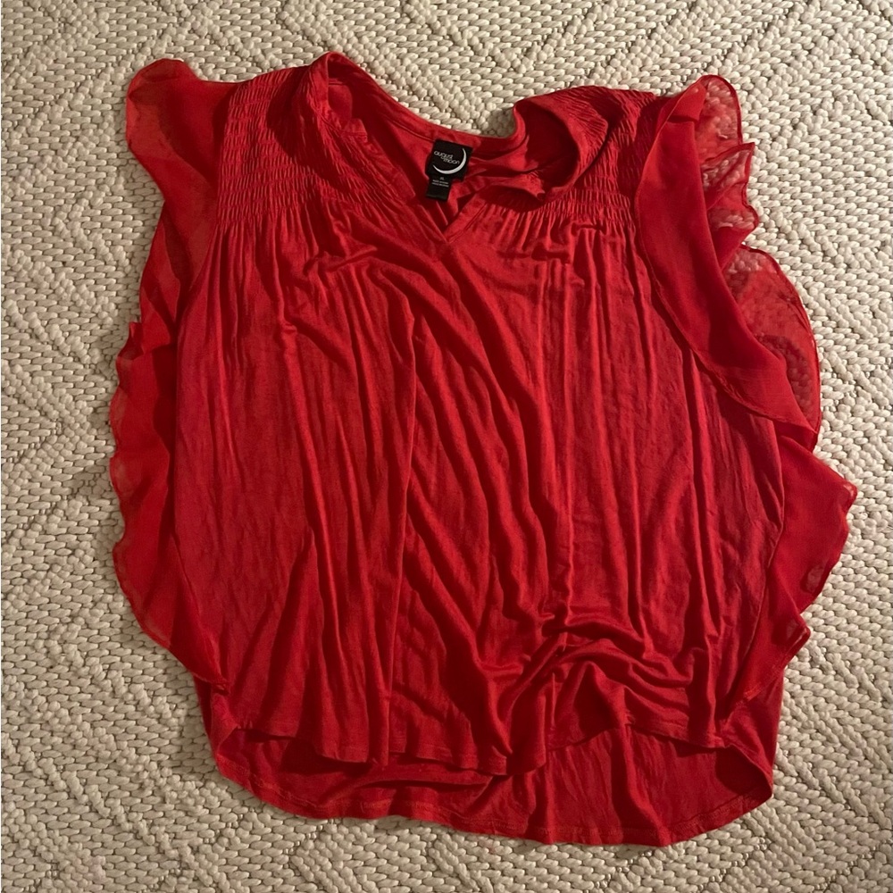 August Moon, red ruffle shirt, XL
